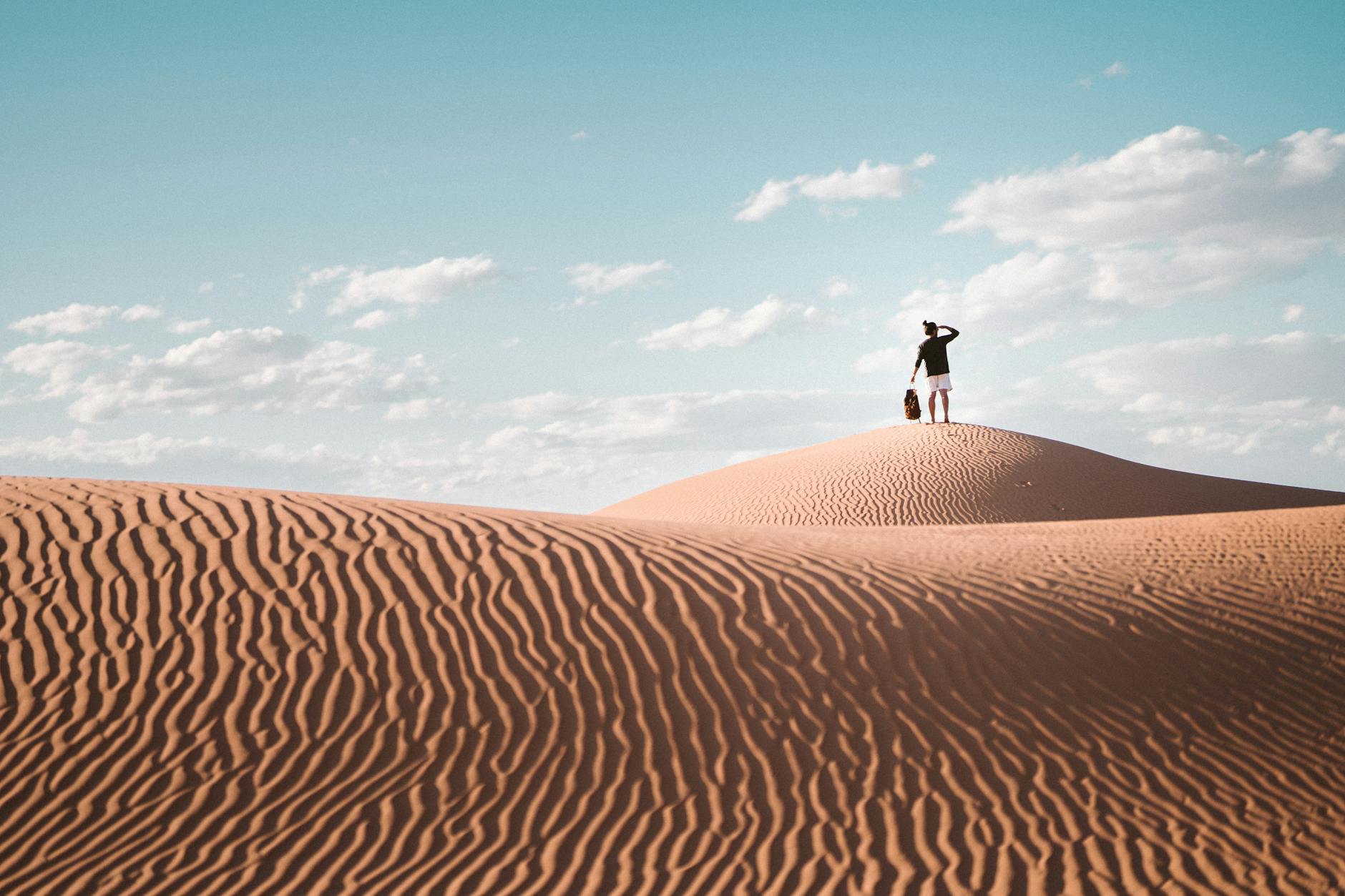 person standing on brown sand under blue sky